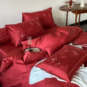 Grade A 60s Pure Cotton Wedding 4-Piece Bedding |Pure Cotton, Mercerized Jacquard & Embroidery, Bright Red